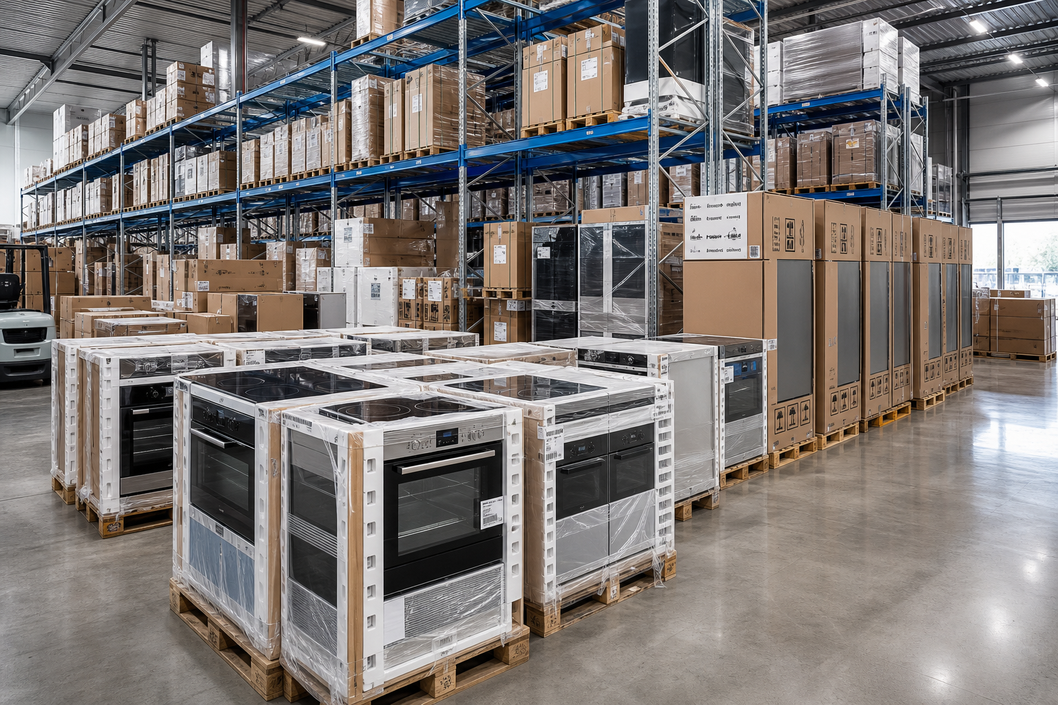 Modern German appliance warehouse with organized pallets of boxed ovens, cooktops, and refrigerators ready for export
