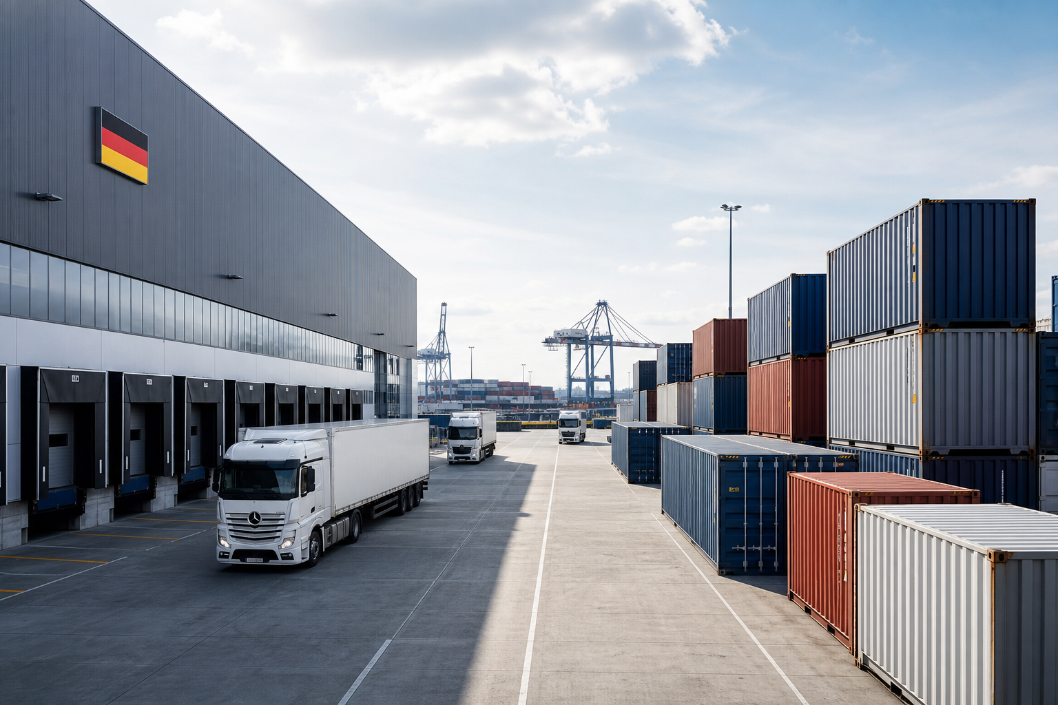 Modern German export logistics hub with cargo containers and organized warehouse loading bays