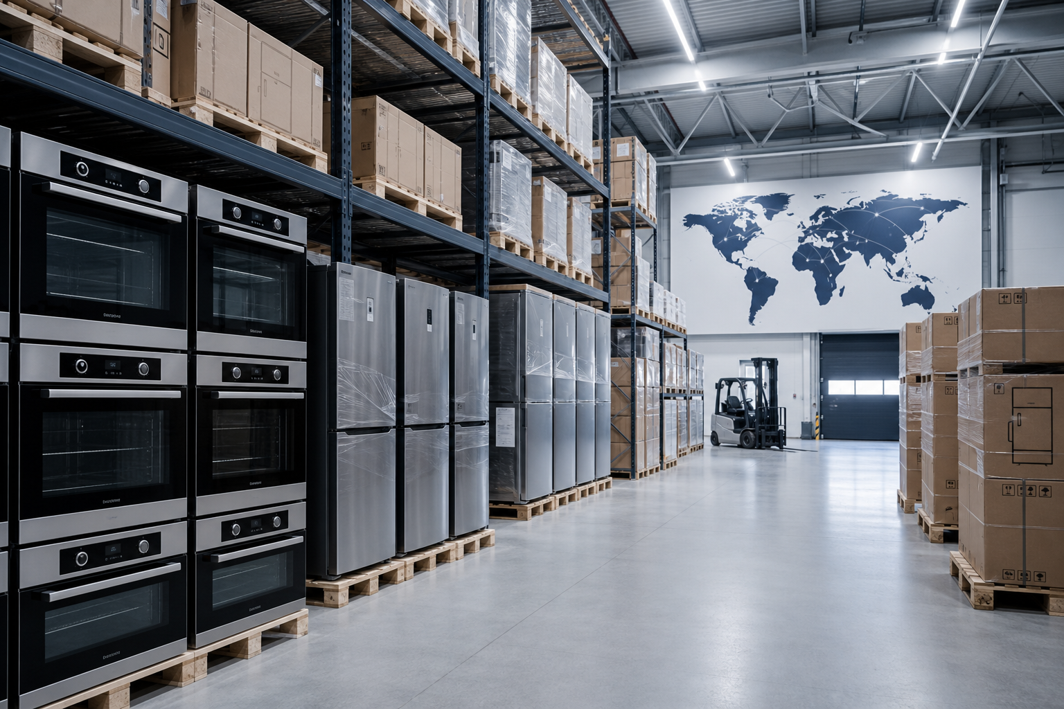 Modern German appliance warehouse with stainless steel built-in ovens, boxed refrigerators, and neatly stacked export pallets