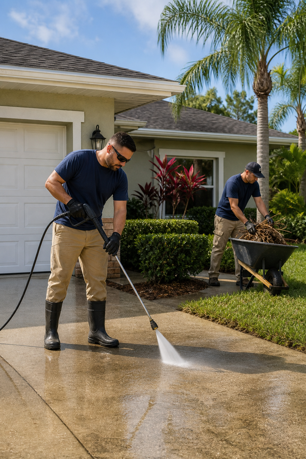 Local property maintenance crew doing outdoor cleanup and pressure washing at a Florida home