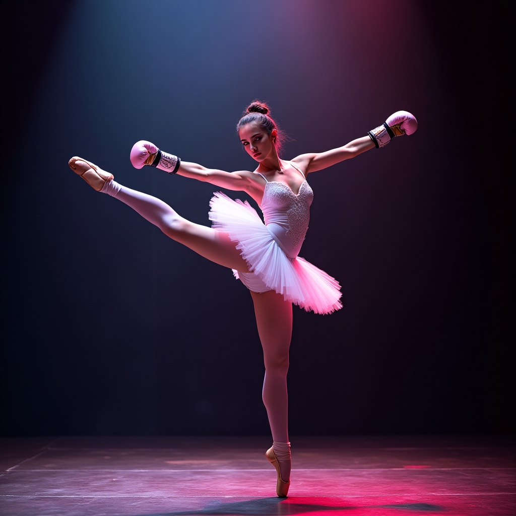 Ballerina in a high arabesque, blocking a punch with an elegant arm, fierce gaze.