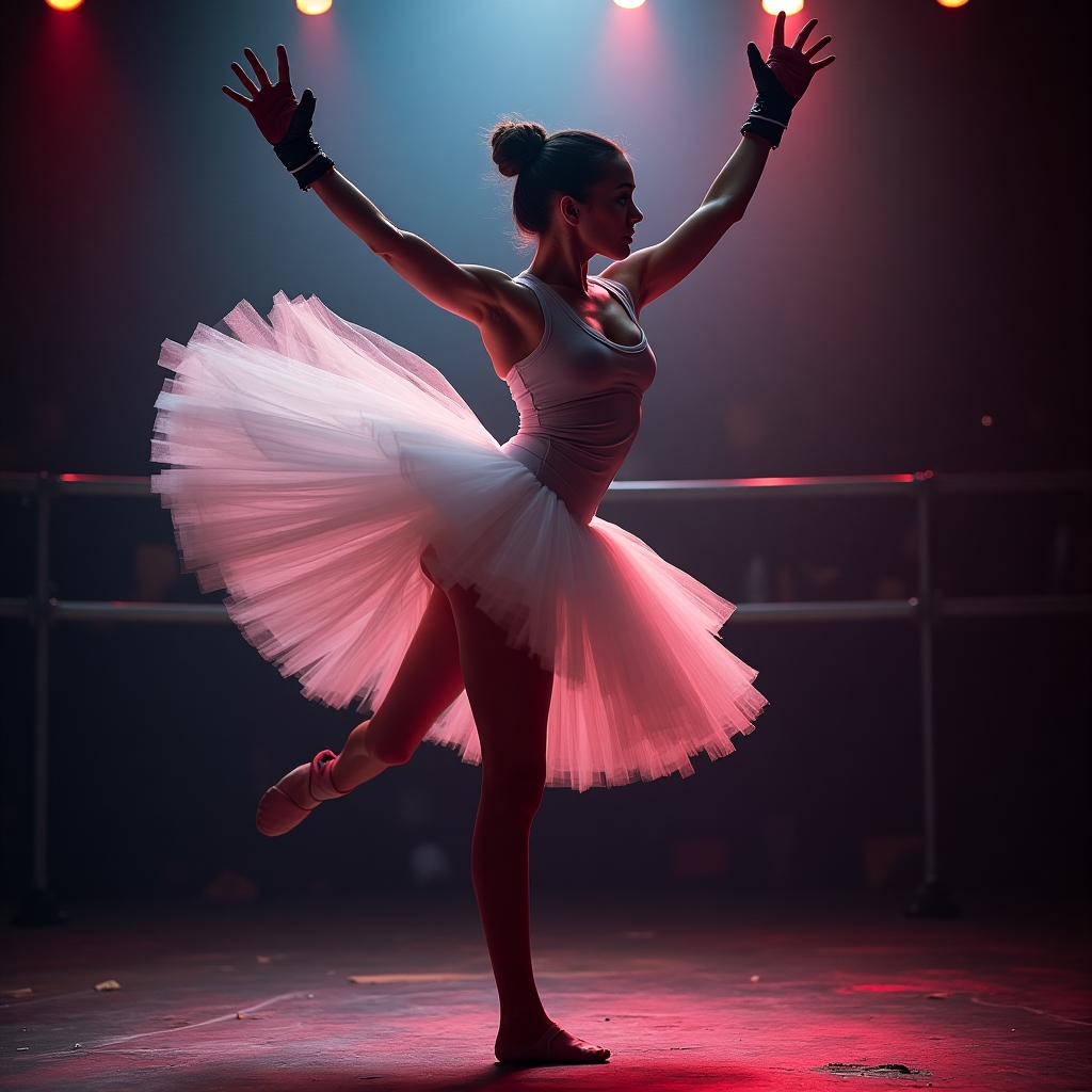 A fierce ballerina mid spin-kick, tutu swirling, MMA gloves on.