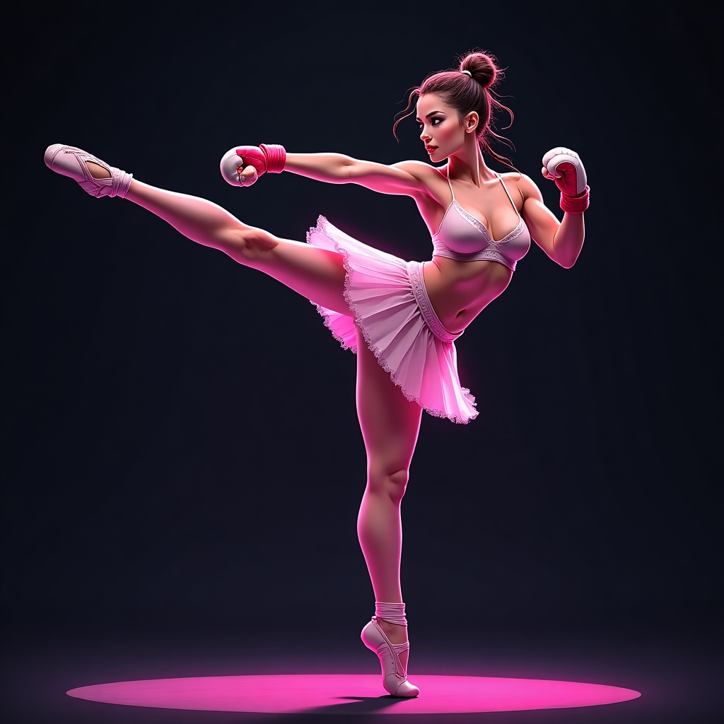 Ballerina executing an aerial split kick, neon accents, determined expression.