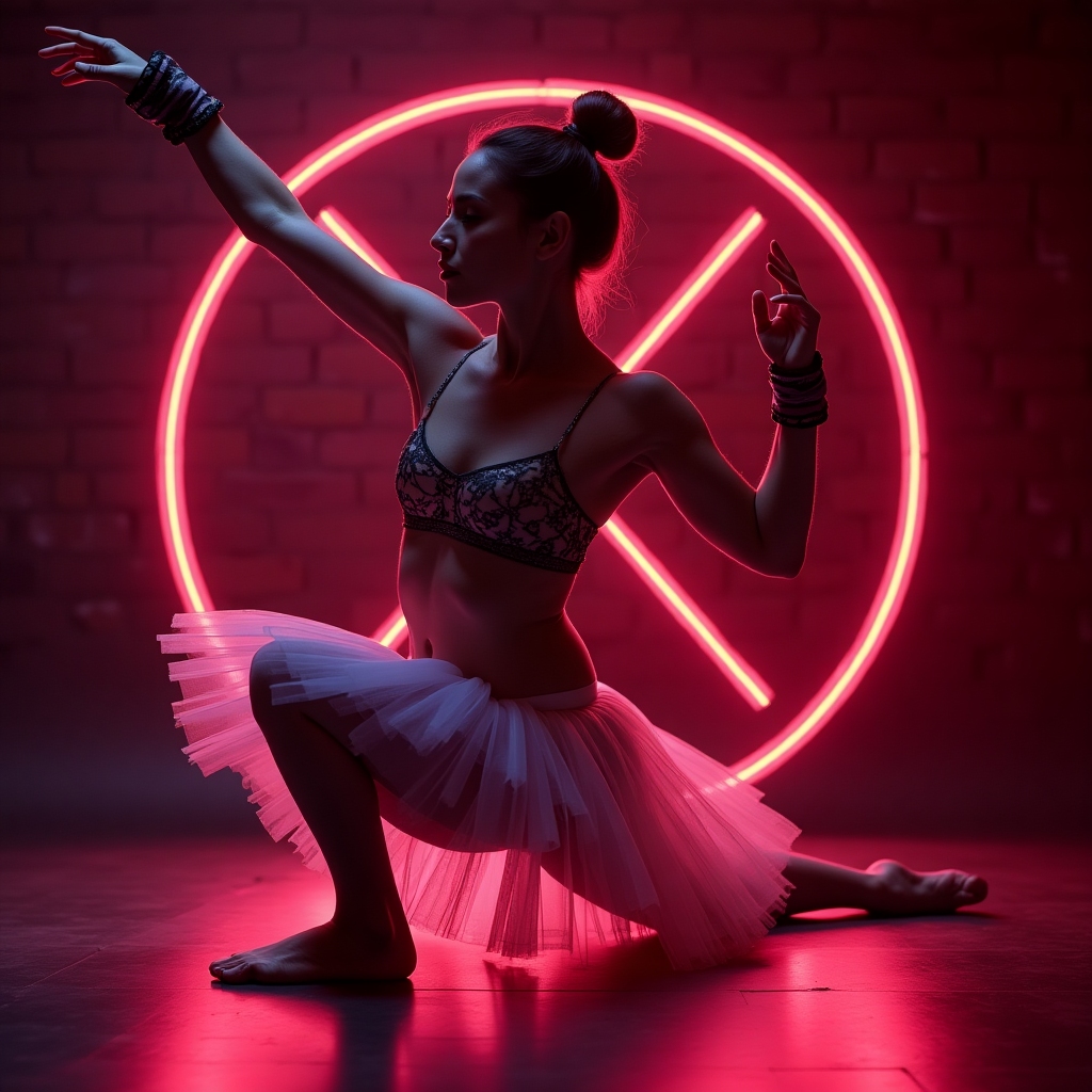 Ballerina in a low tendu lunge, arms in MMA guard, intense neon backdrop.