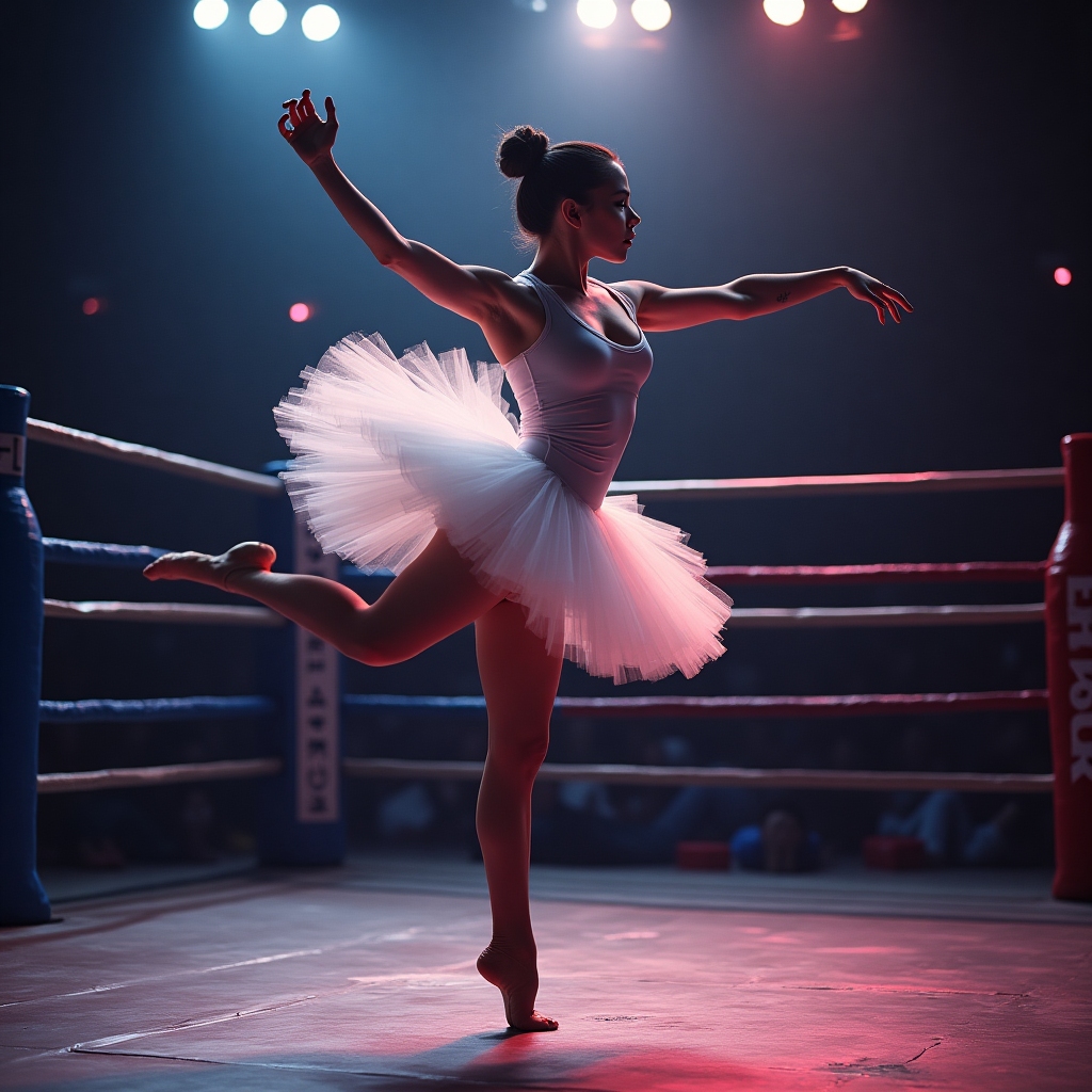 Ballerina spinning with a sharp elbow, tutu flaring, fight face on.