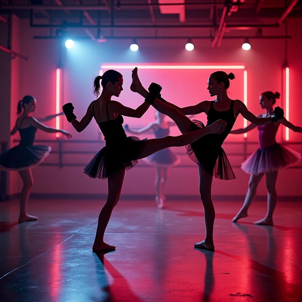 Ballerinas in training, performing a mix of ballet and combat moves in a dramatic, high-energy studio setting with neon accents