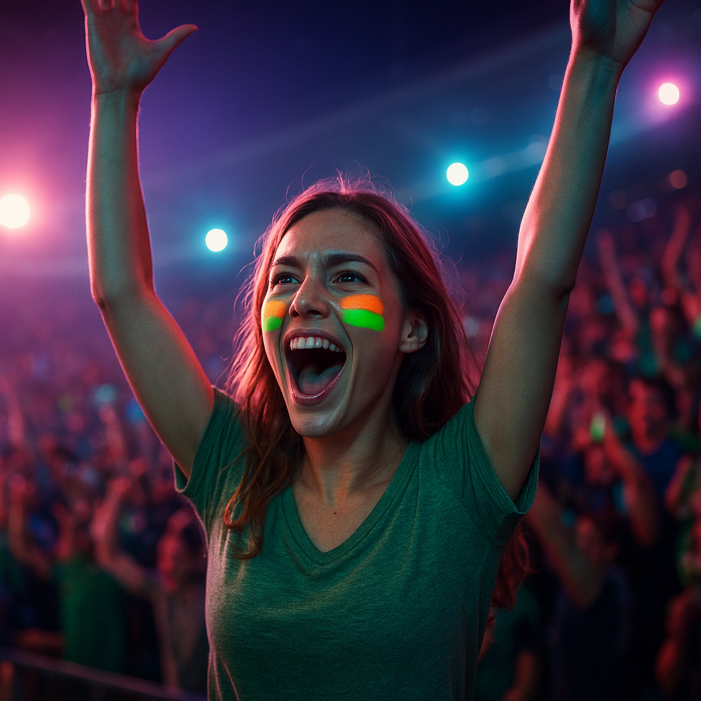 Excited young woman in neon facepaint cheering in the crowd