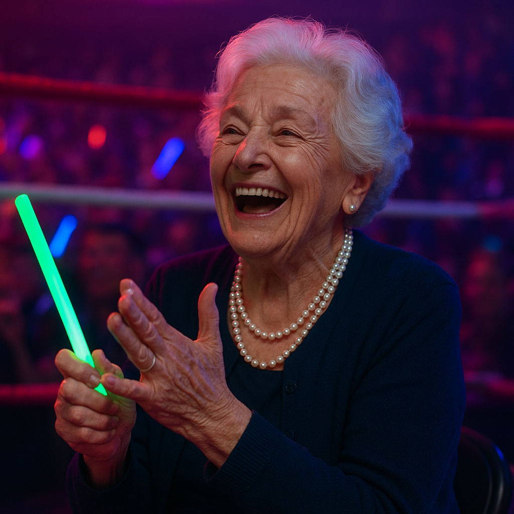 Elderly woman in pearls with glowsticks laughing and clapping ringside