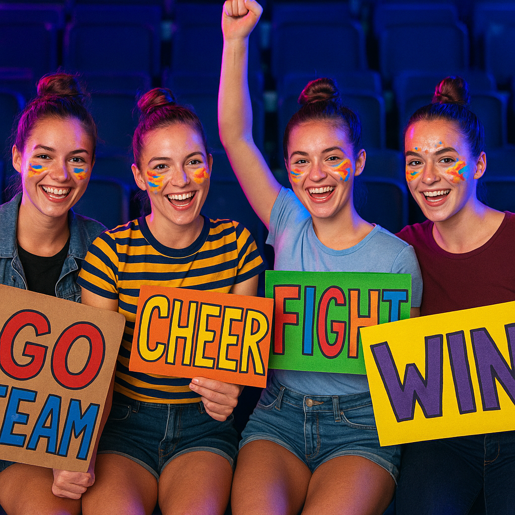 Group of friends with ballerina buns and face paint holding homemade signs in stadium seats