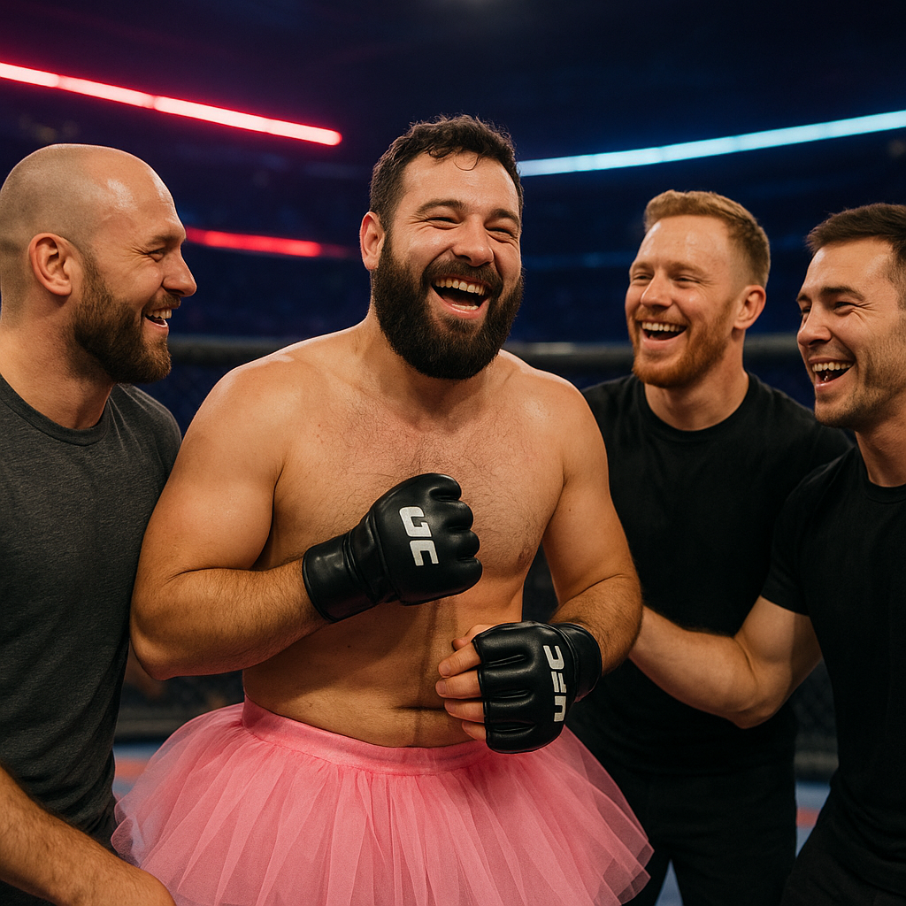 Bearded man in a tutu and MMA gloves laughing with friends under neon lights