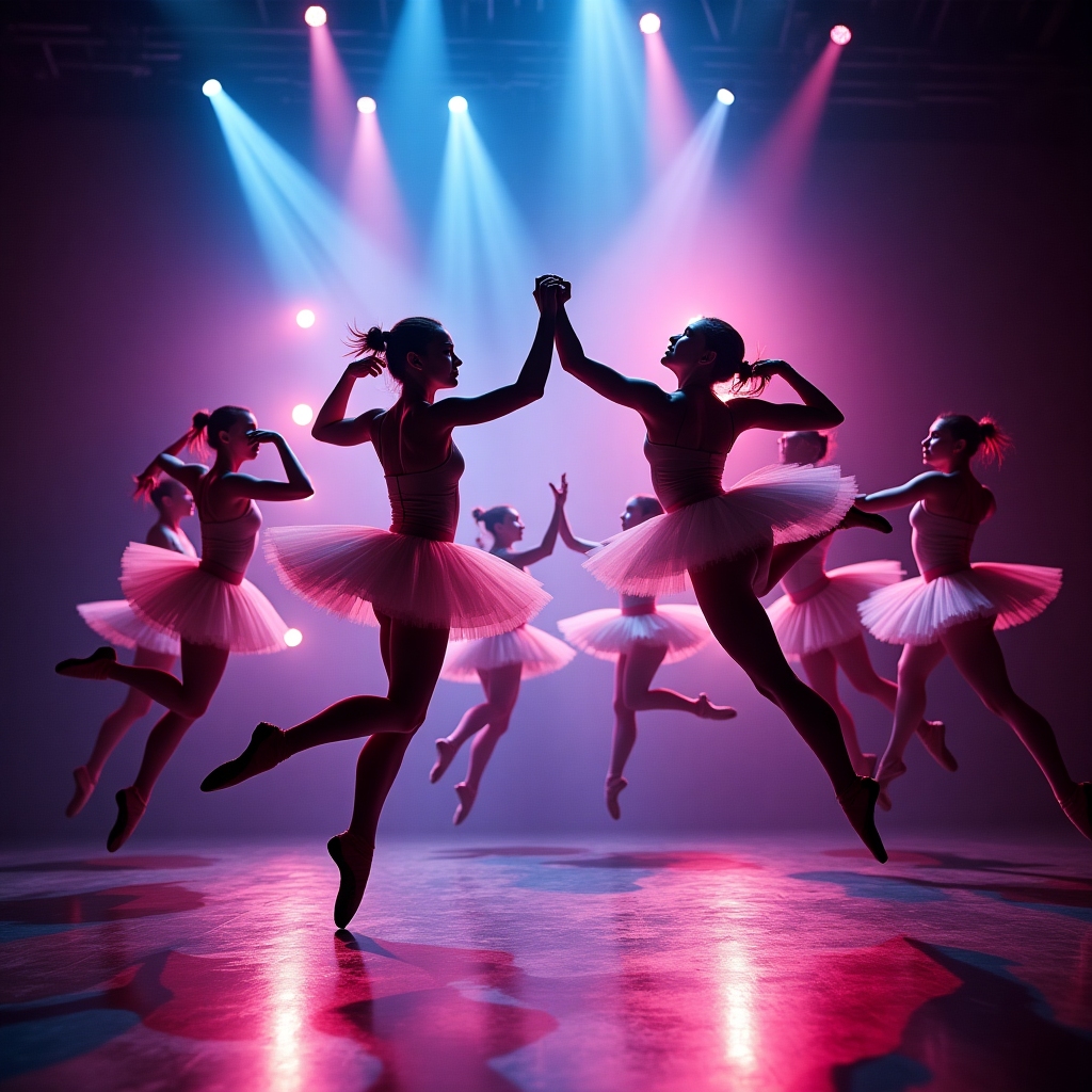 Dynamic group shot of ballerinas in mid-air, executing acrobatic, dance-fighting moves on a neon-lit stage