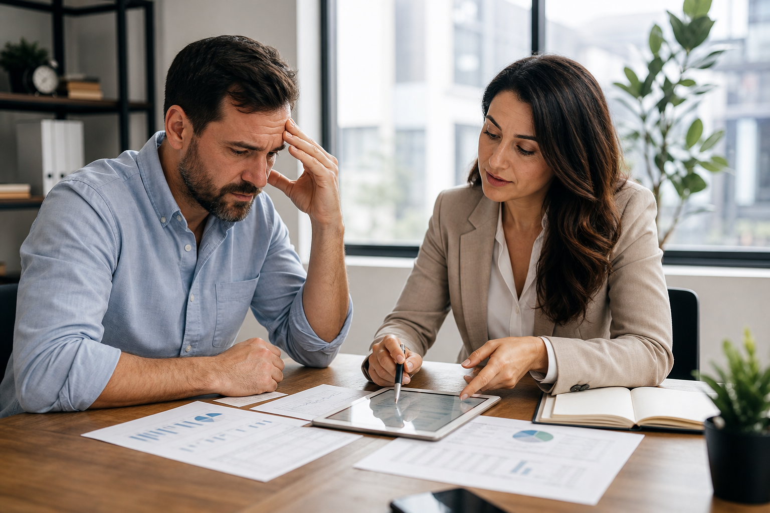 Business owner reviewing cash flow reports with a financial advisor in a modern office