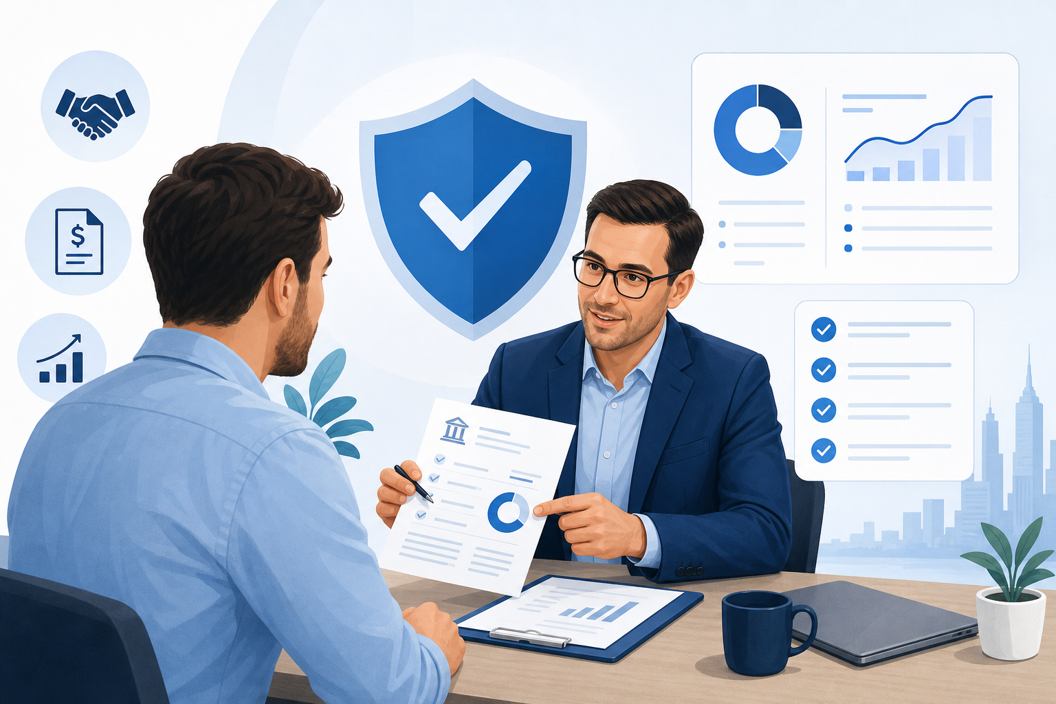 Premium business guidance illustration with a consultant reviewing debt documents beside a shield icon, check-marked action plan, and clean financial dashboard in blue trust tones