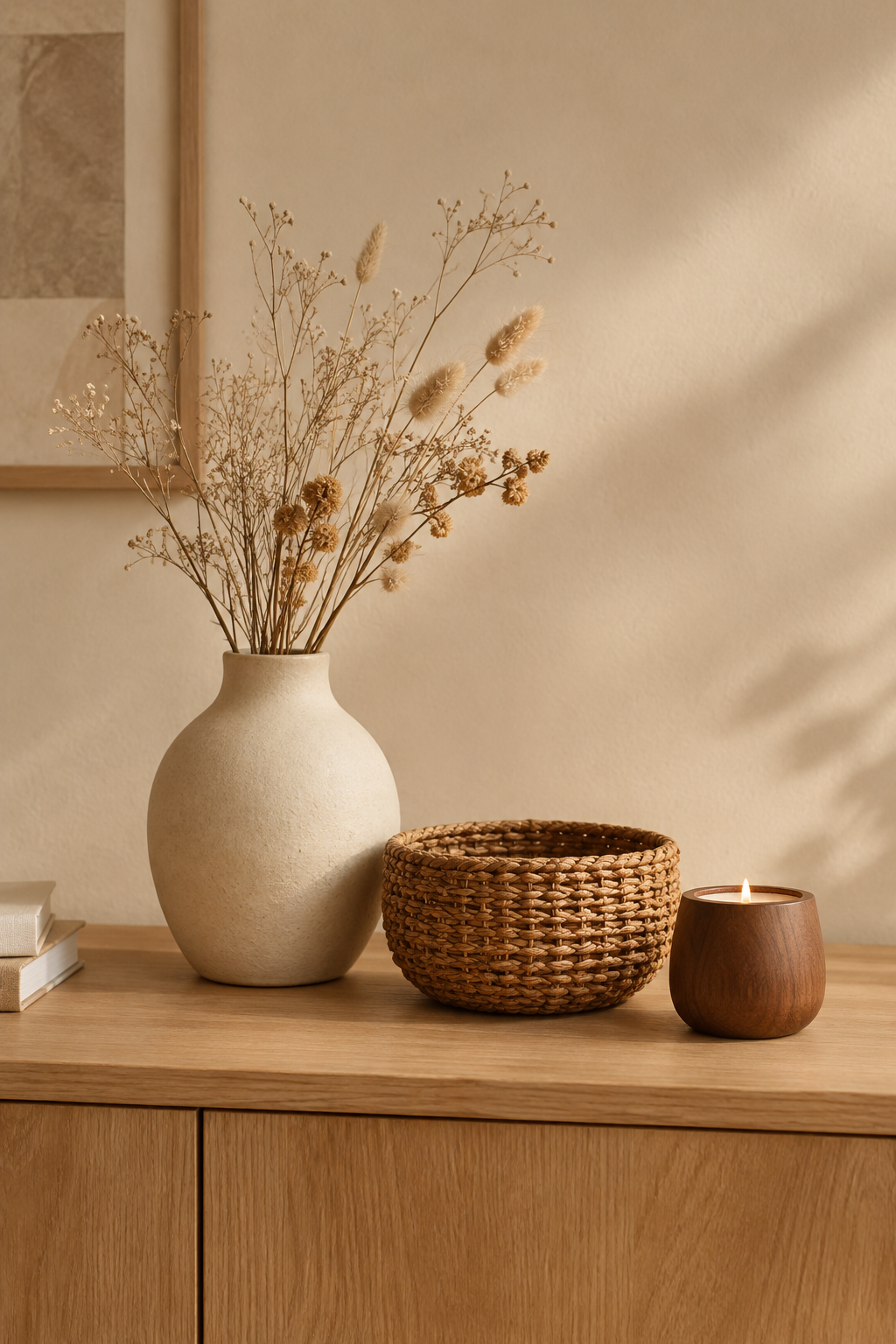 Warm softly lit arrangement of a handmade ceramic vase, woven basket, and wooden candle holder styled on a light wood console in a calm neutral interior