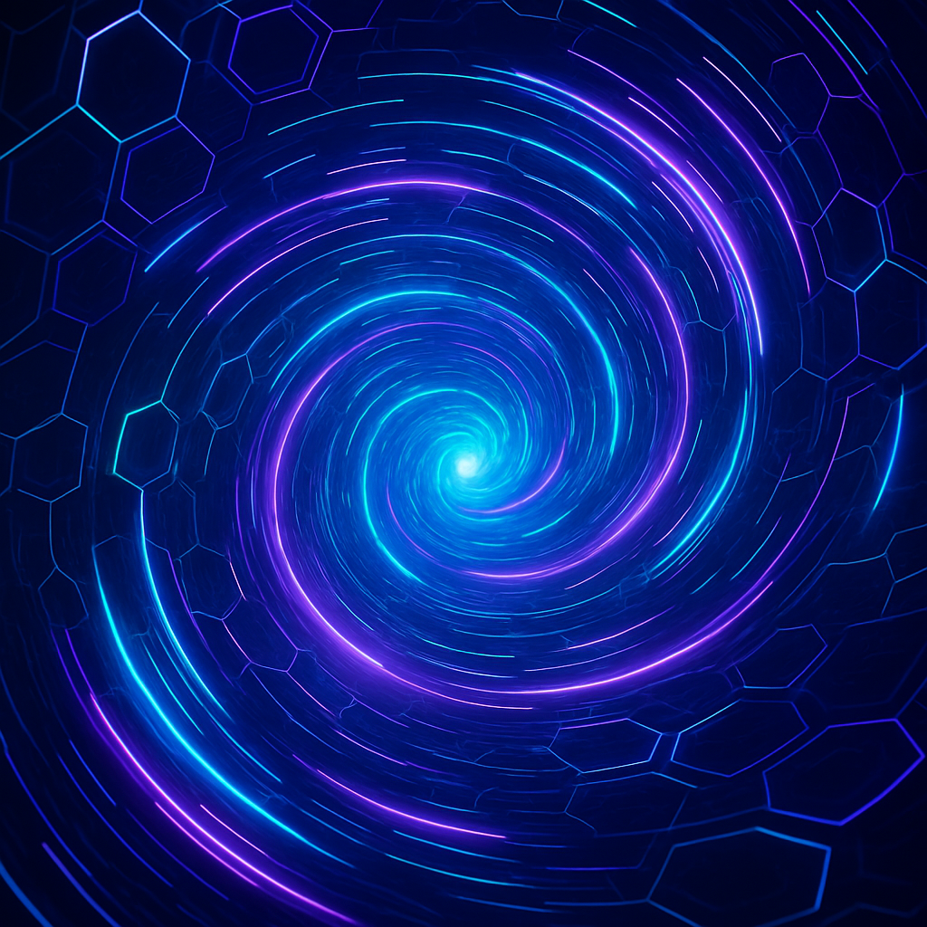 Swirling data vortex with neon light trails and layered hexagonal patterns