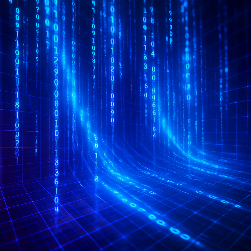 Flowing digital code streams in neon blue with faint holographic grids