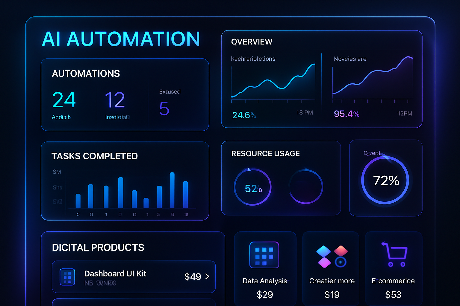Futuristic dashboard and product marketplace preview
