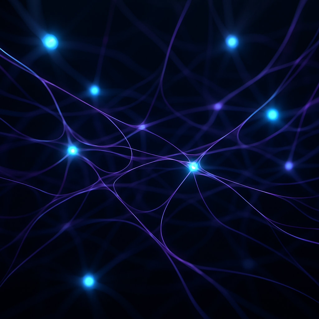 Glowing neural network mesh with electric blue nodes and cyber purple connections