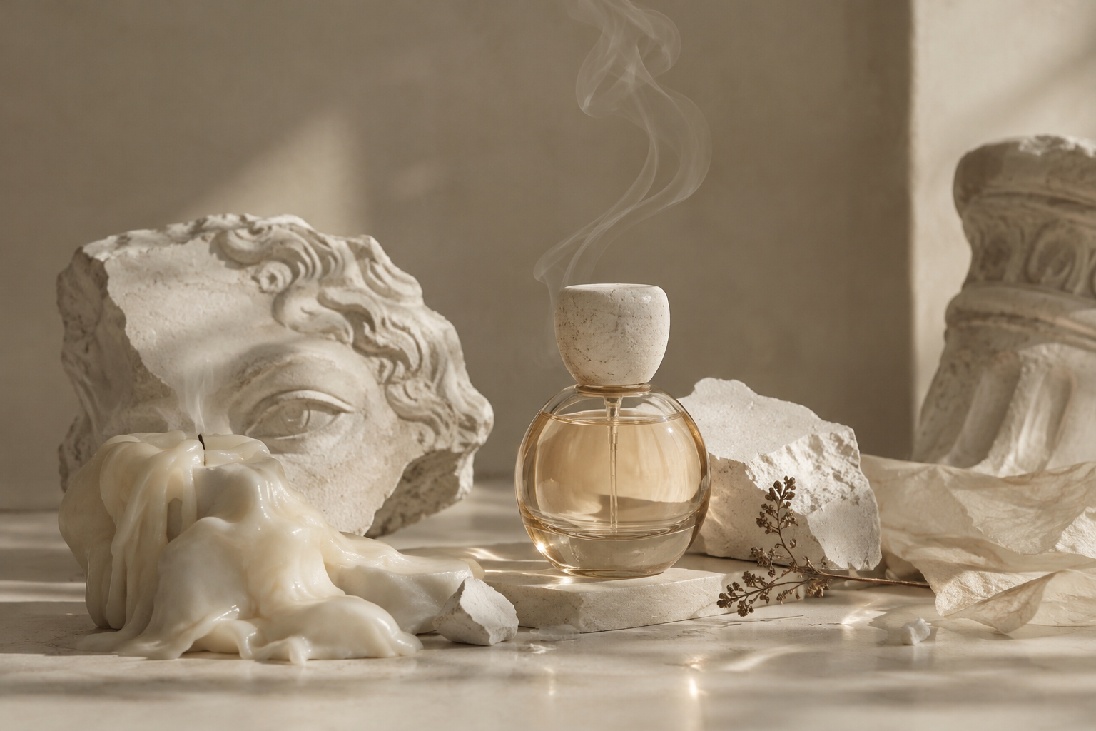 Pale amber perfume bottle with melted wax textures and broken relief fragments in warm gallery light