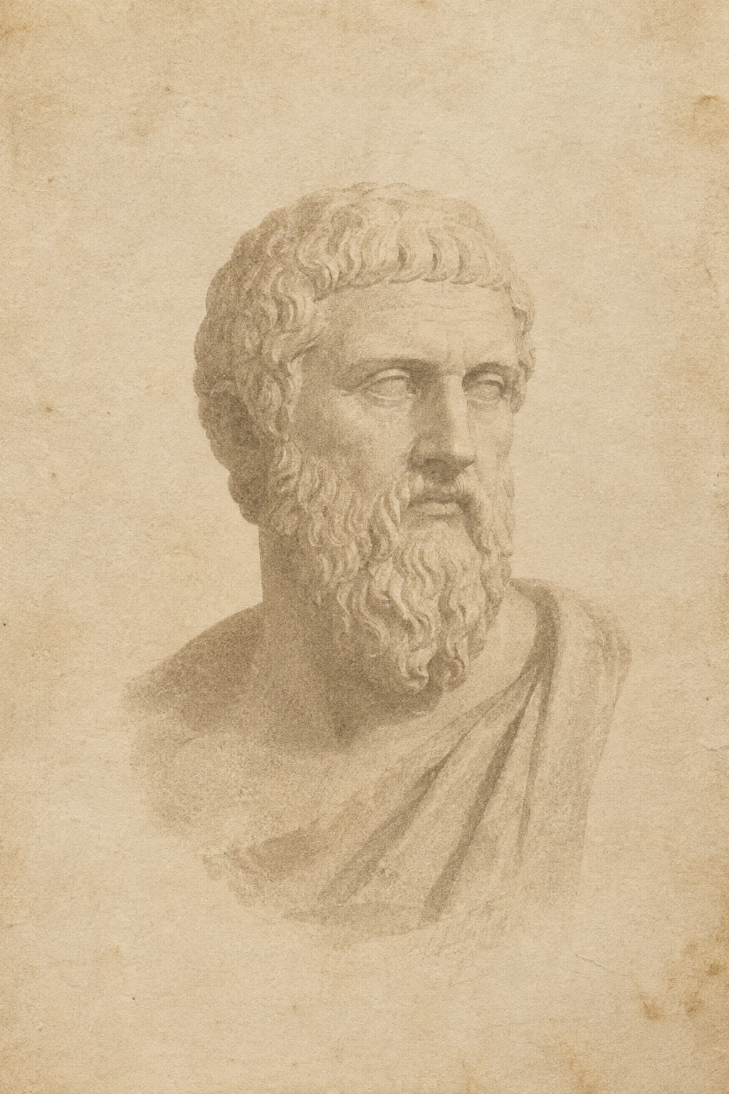 Faded monochrome print of a classical Plato bust on parchment, softly lit and partially cropped like a ghosted manuscript impression