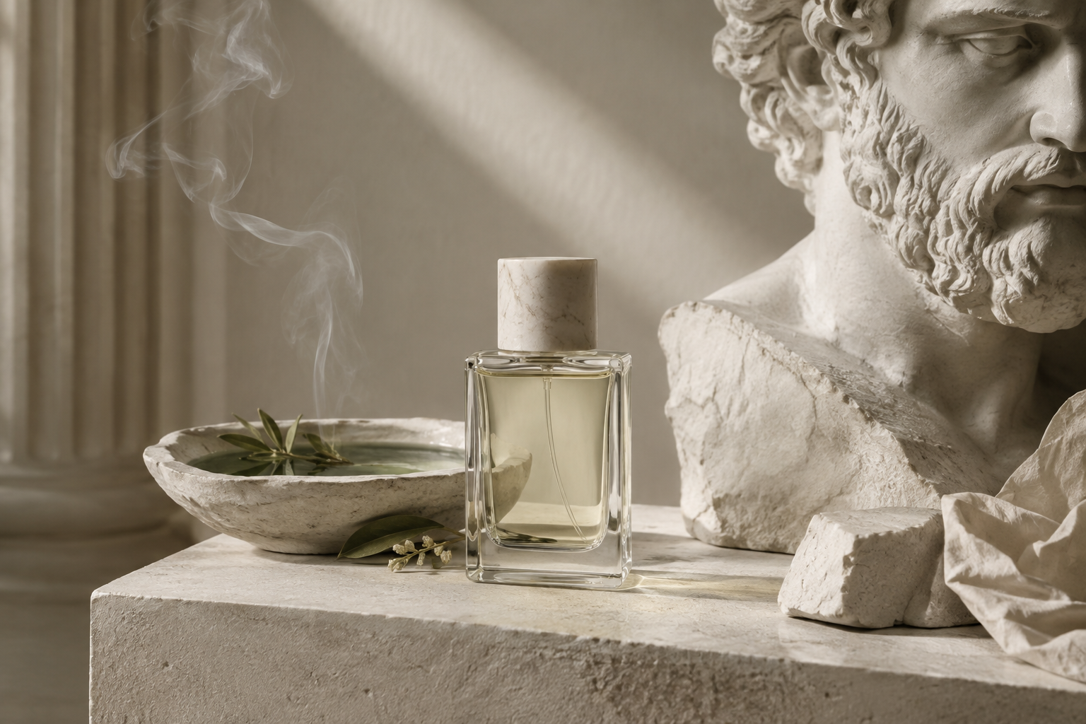 Ivory-toned still life with a sculptural perfume bottle beside a cropped plaster bust and green hemlock-like liquid