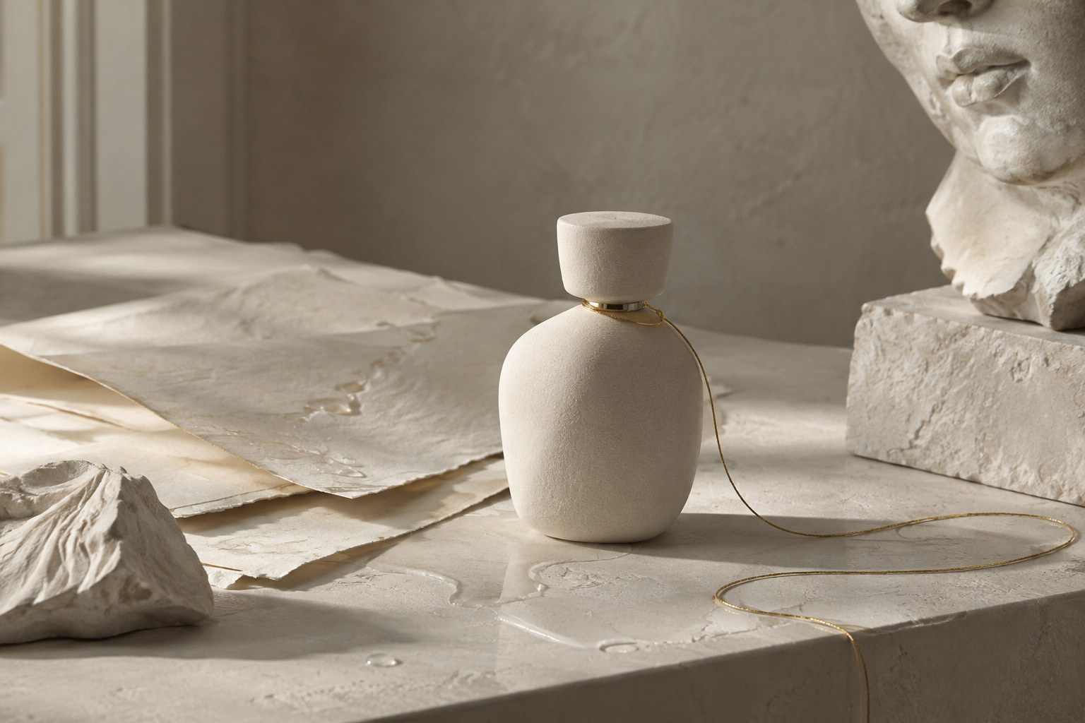Chalk-white bottle near thin gold thread and damp paper with subtle liquid traces on a pale stone table