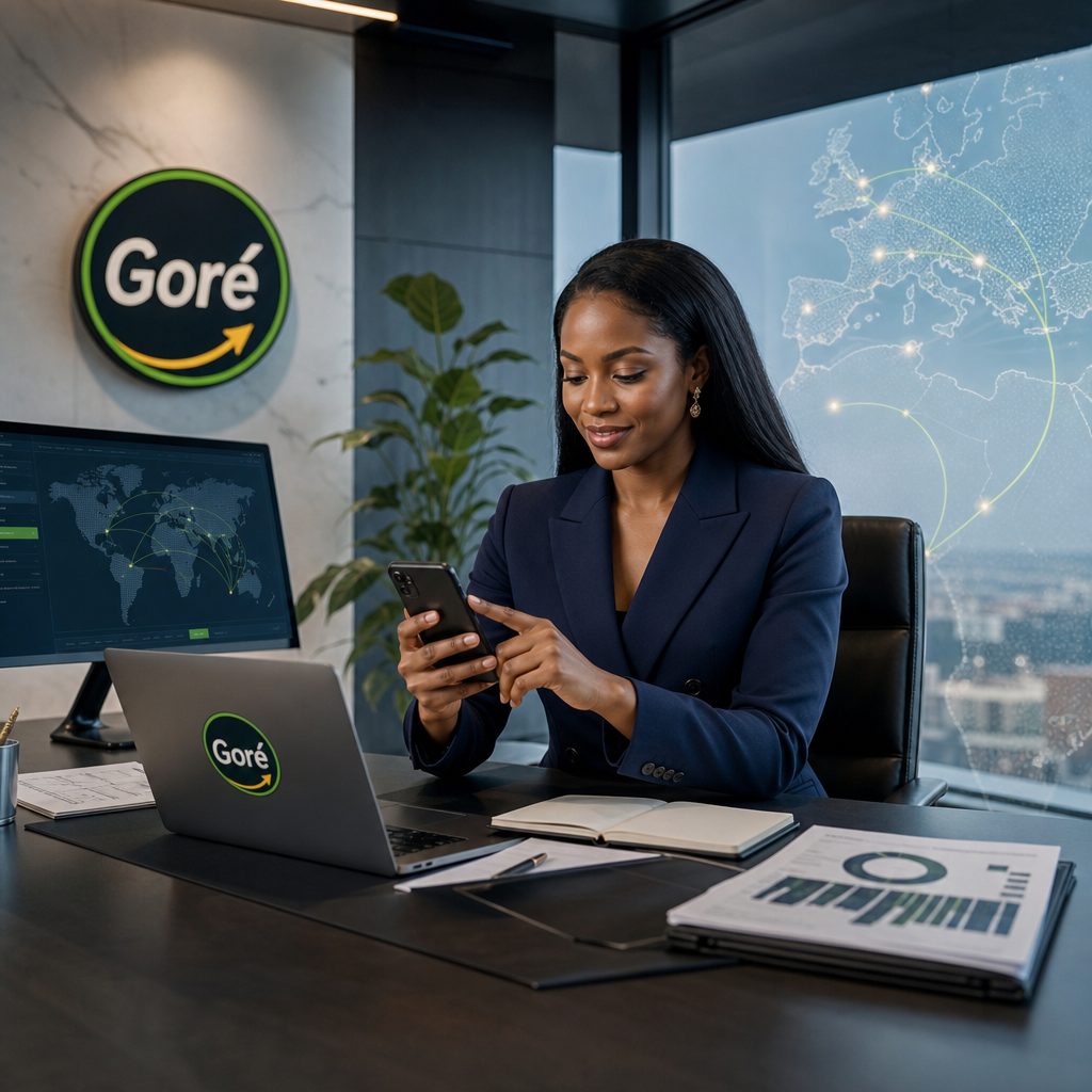 Professionnelle africaine de la diaspora dans un cadre urbain espagnol soigné, utilisant un smartphone pour initier un transfert international de l’Espagne vers l’Afrique