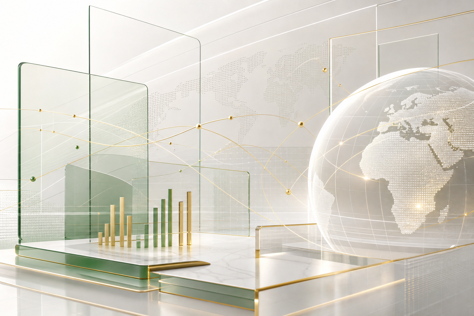 Abstract premium composition suggesting global financial connectivity with disciplined technological surfaces