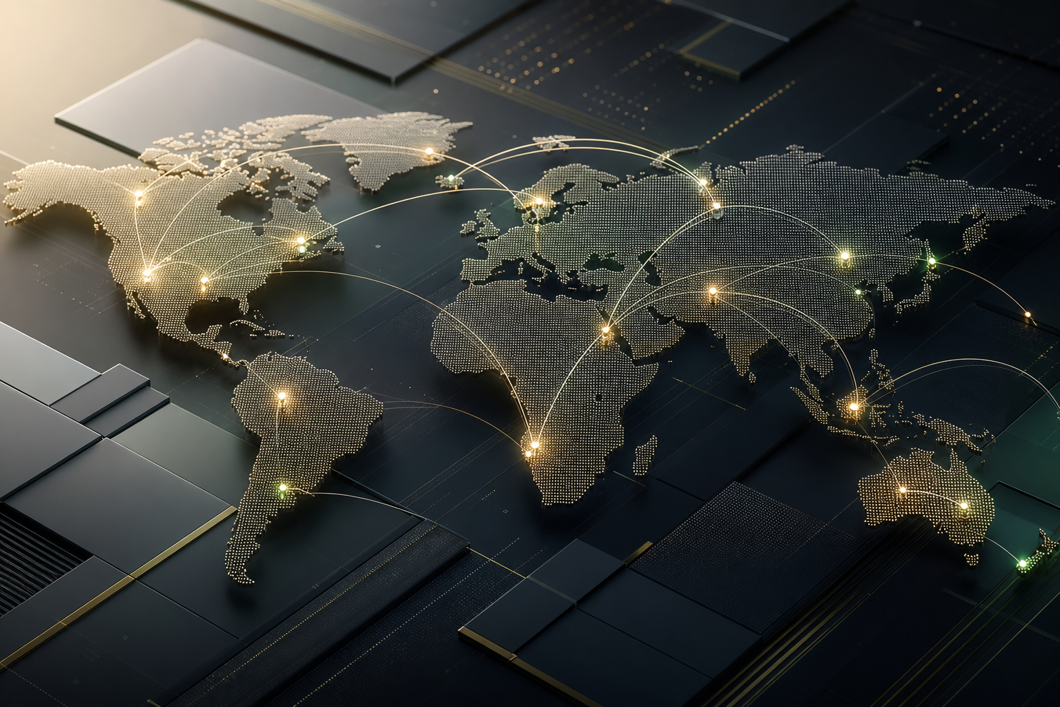 Composición abstracta premium con líneas luminosas globales y superficies tecnológicas sobrias que sugieren conectividad financiera internacional