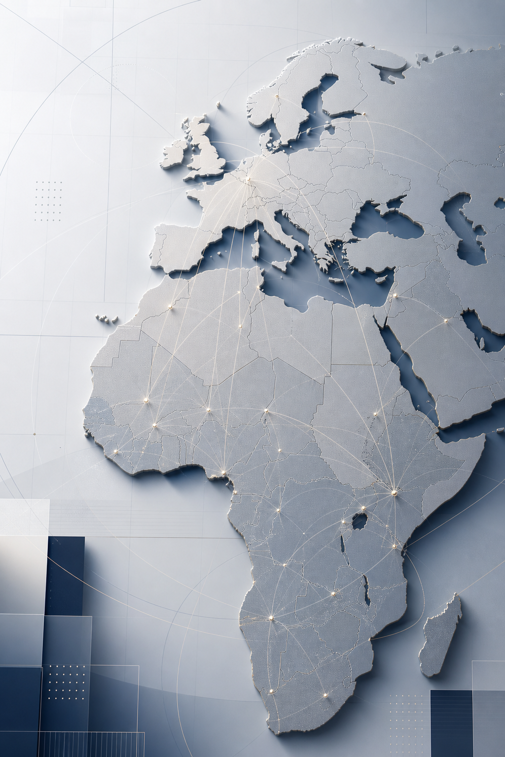 Composition abstraite premium évoquant des corridors financiers Europe–Afrique, avec détail cartographique stylisé, lignes de route fines et nœuds de connexion institutionnels