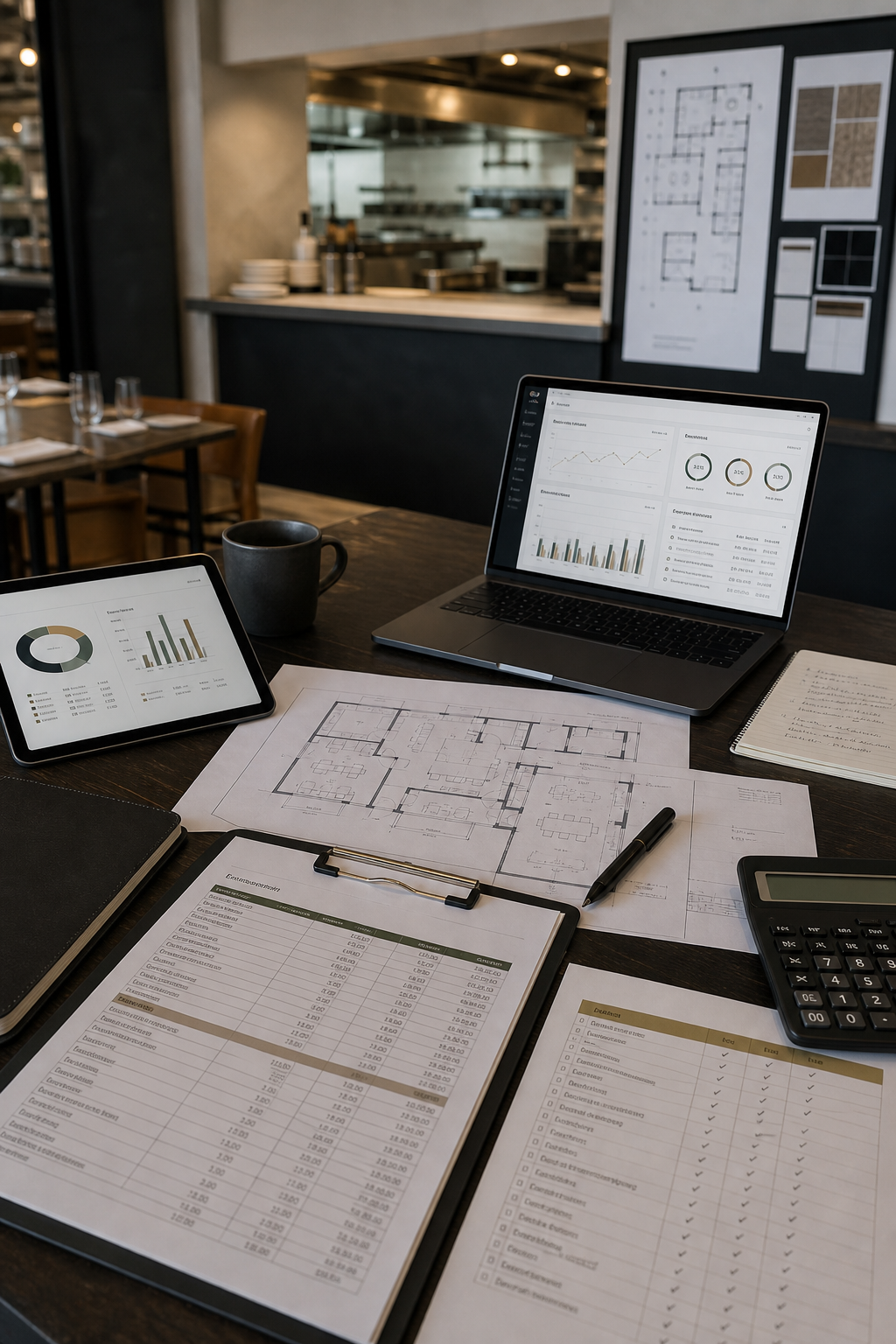 Premium restaurant planning and operations scene with menu costing sheets, floor plan sketches, service checklists, and a laptop dashboard on a clean workspace