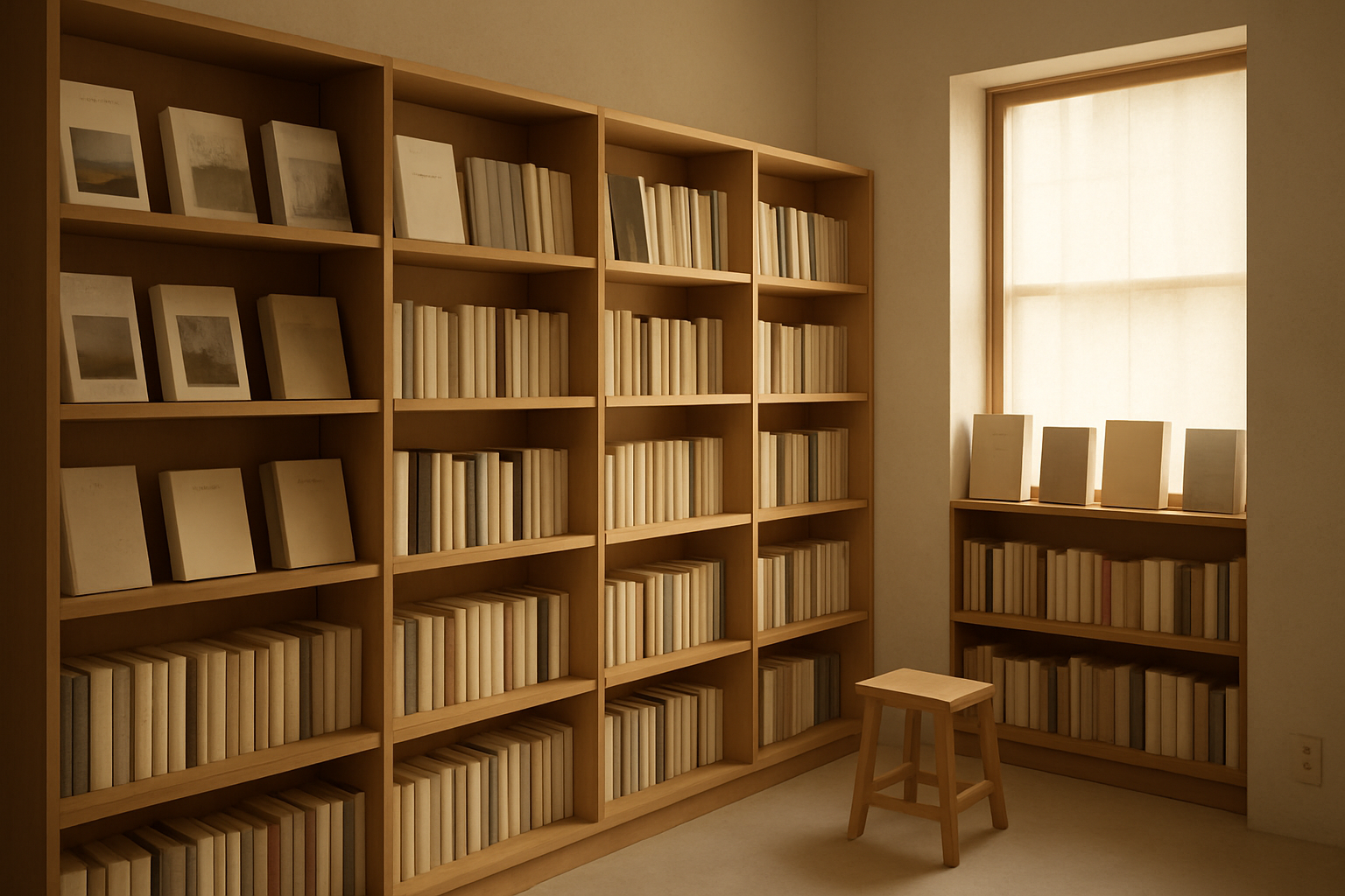 木の棚に雑誌と独立出版物が整然と並ぶ、静かな書店内の風景