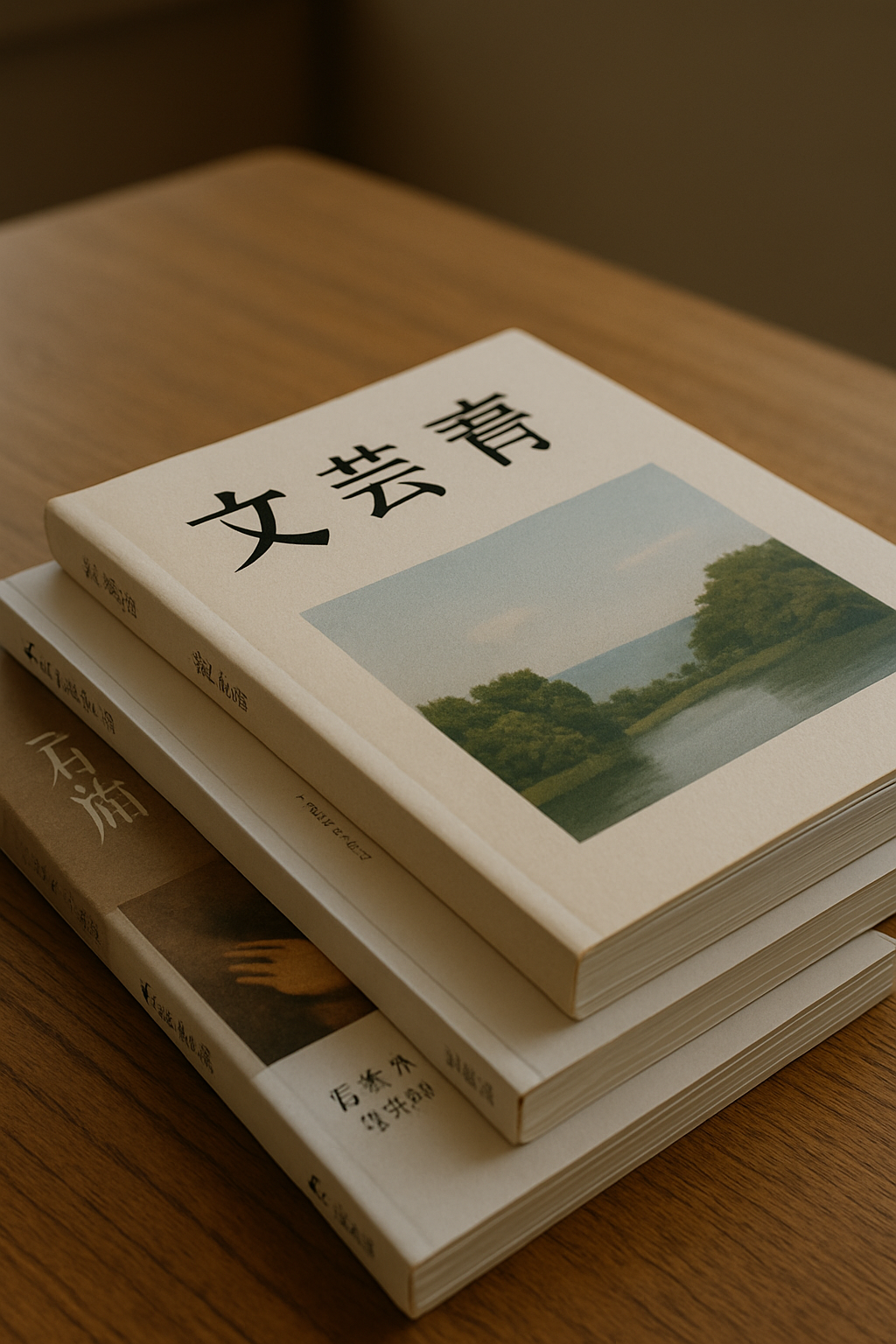 落ち着いた書店の木製テーブルに丁寧に並べられた日本の雑誌と紙の質感が伝わるクローズアップ