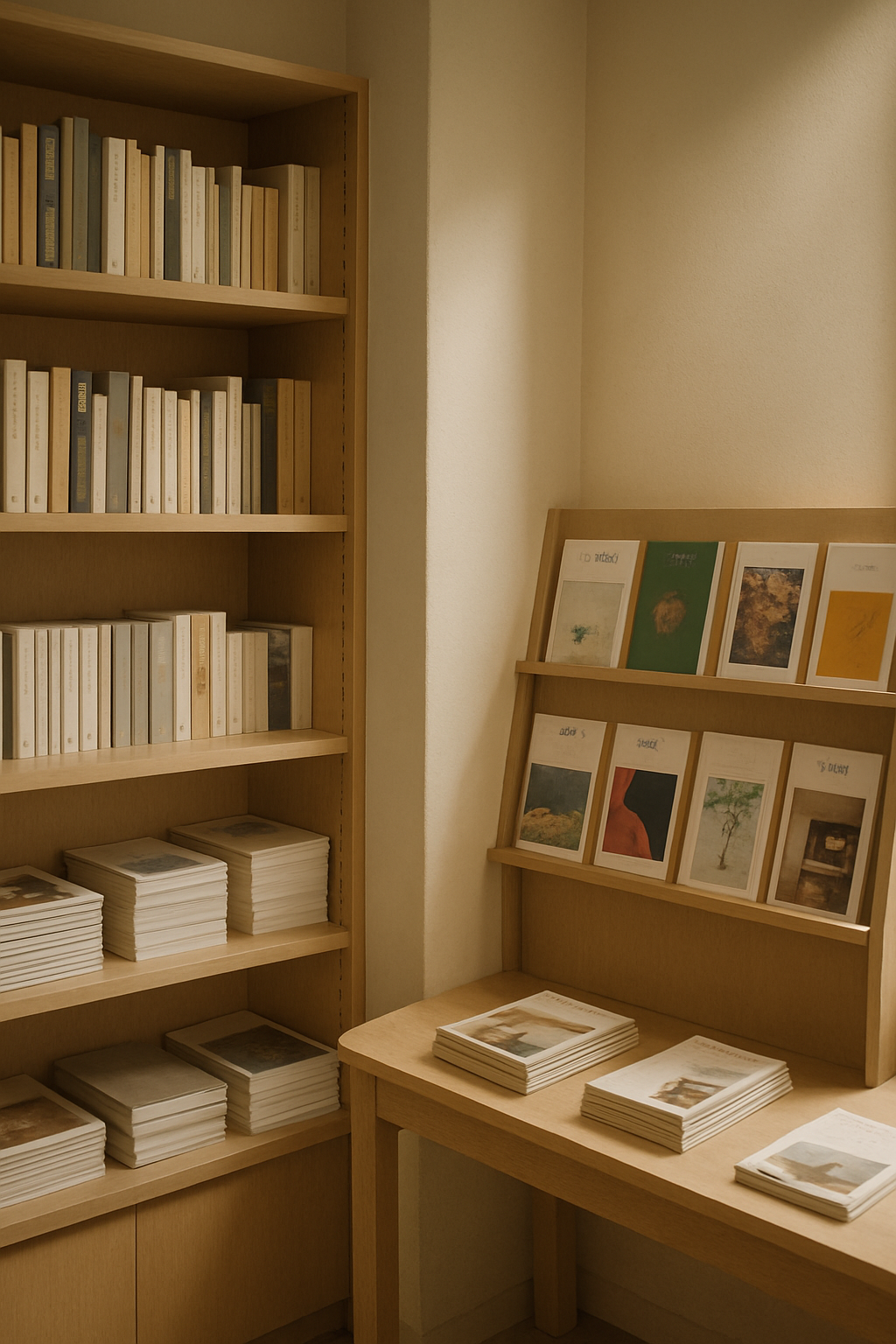 木製の棚と雑誌の平積みが見える、静かな独立系書店の店内風景