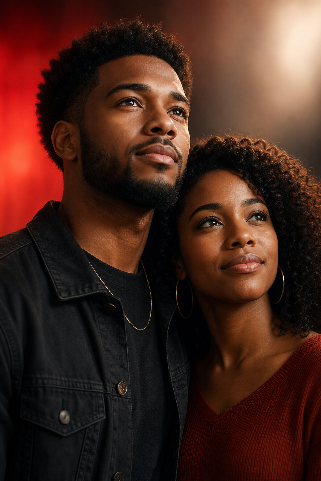 Two African American adults in a cinematic, hopeful portrait: the same handsome man with a warm, dignified expression looking toward soft light stands alongside a graceful woman with natural curls and a calm, hopeful gaze; warm lighting with subtle red accents
