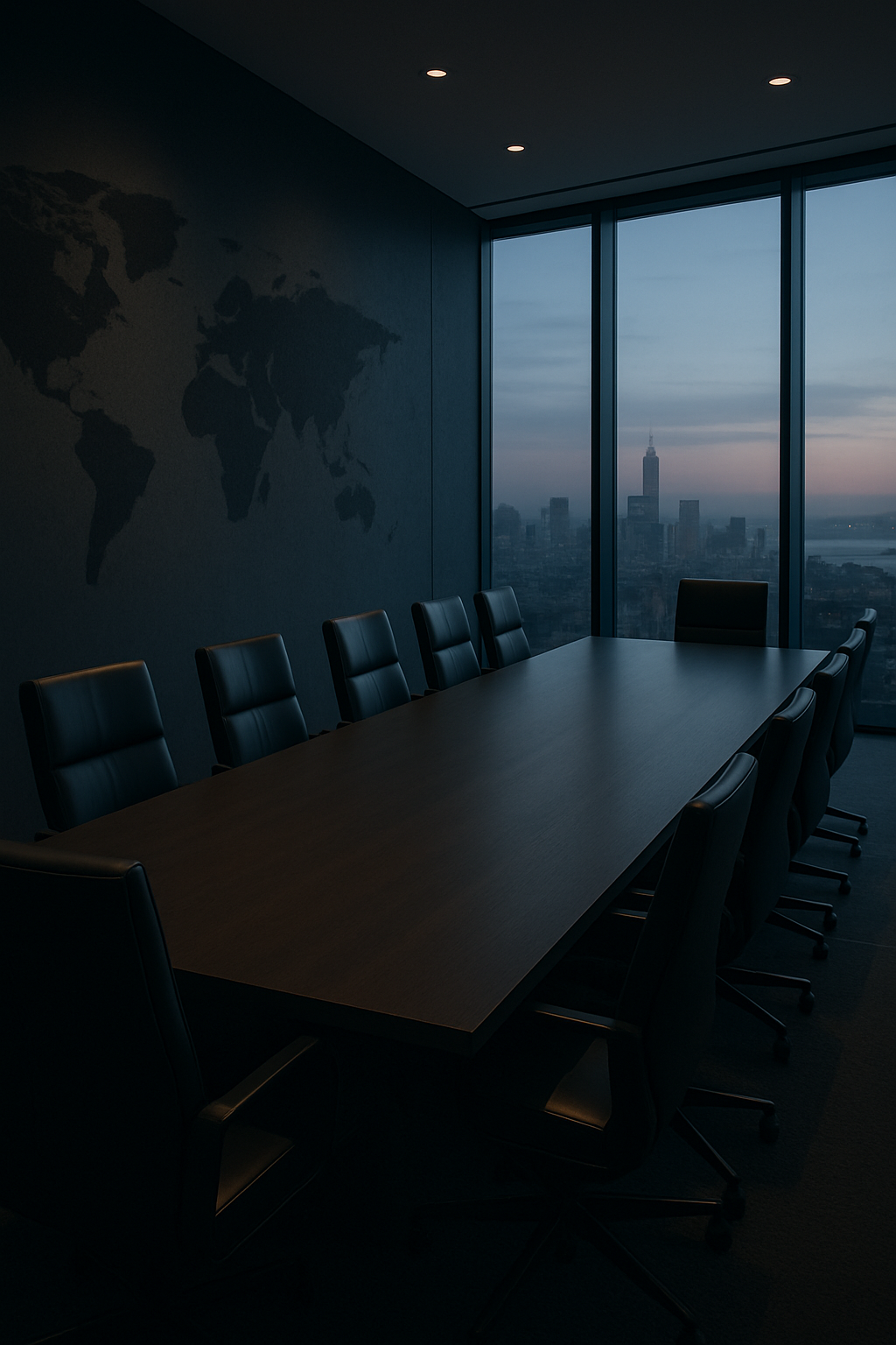 Premium executive boardroom setting with global city skyline seen through tall windows