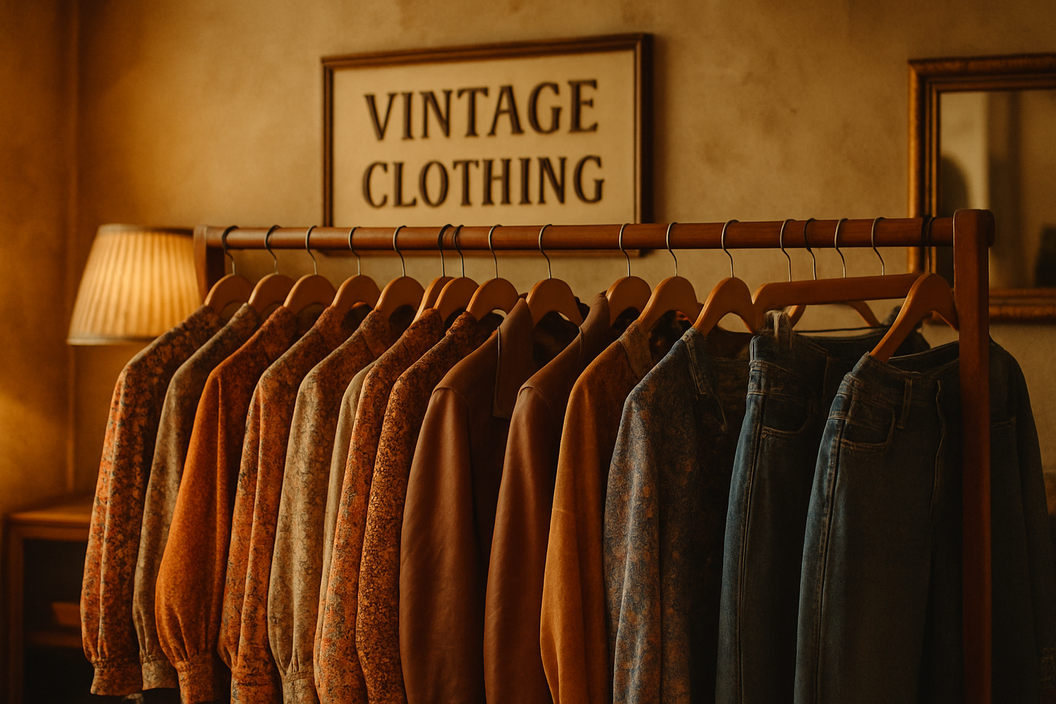 Curated vintage clothing rack with 70s and 80s pieces in warm boutique lighting