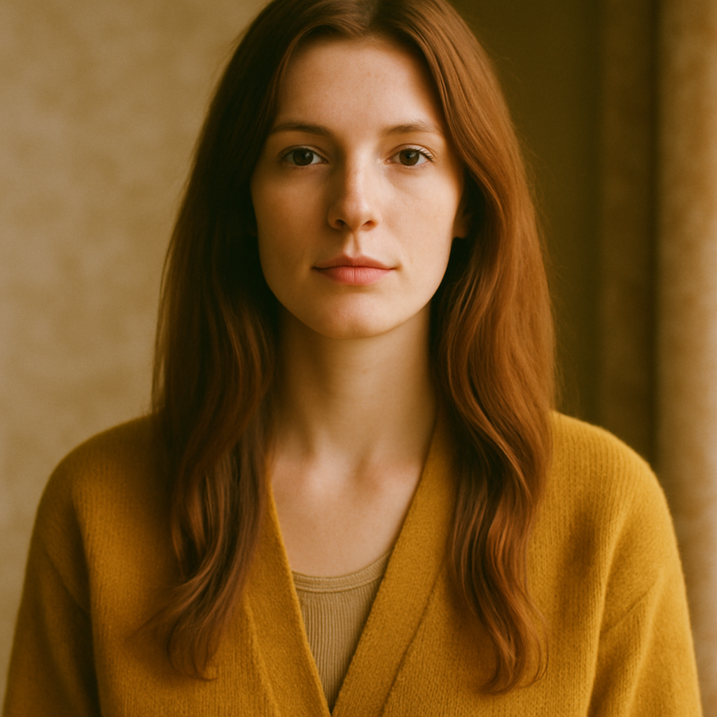 Portrait of a tall woman with long auburn hair wearing a mustard cardigan