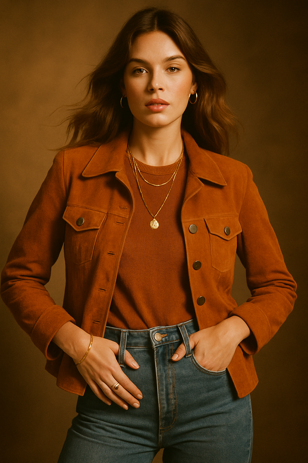 Stylish model in a burnt orange suede jacket, high-waisted denim, and gold jewelry posing in a warm film-lit studio
