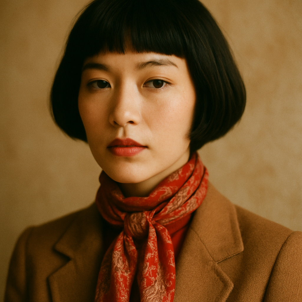 Portrait of a petite woman with a short black bob wearing a red vintage scarf