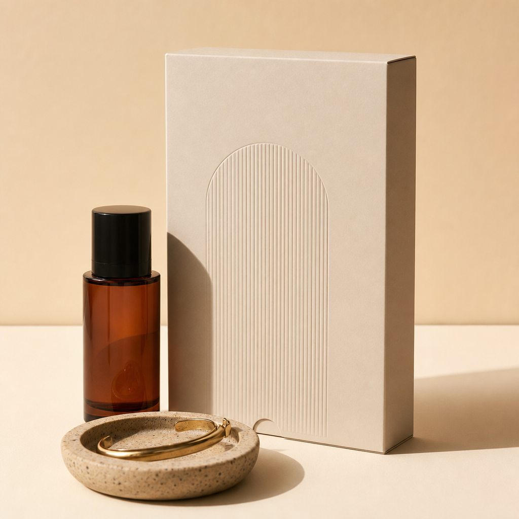 Minimal premium packaging and accessory arrangement with crisp edges and soft cast shadow