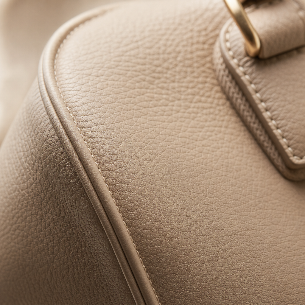 Close-up product detail with refined material texture in a clean boutique composition