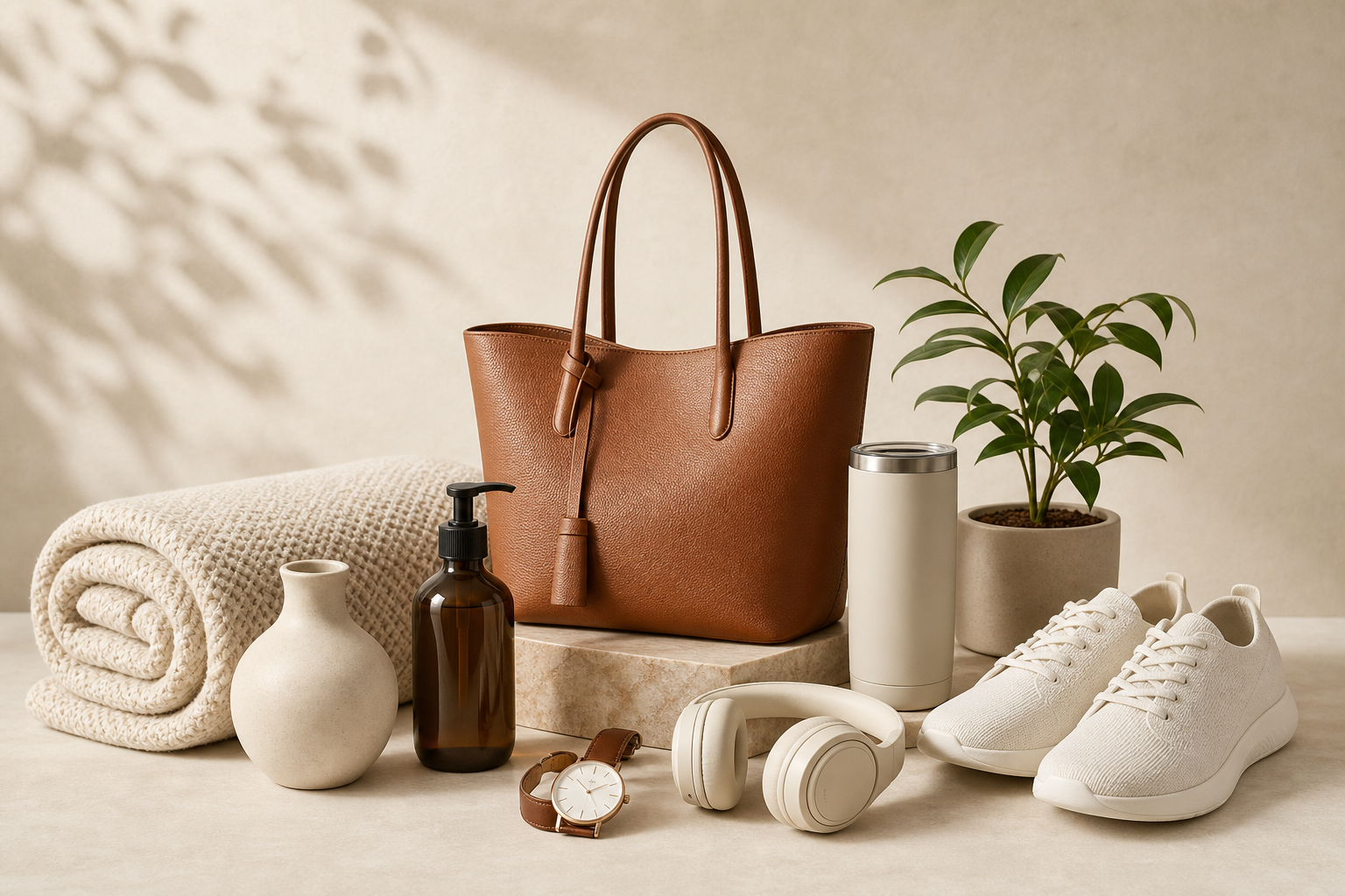 Editorial still-life arrangement of premium everyday products on warm neutral surfaces with soft natural shadows