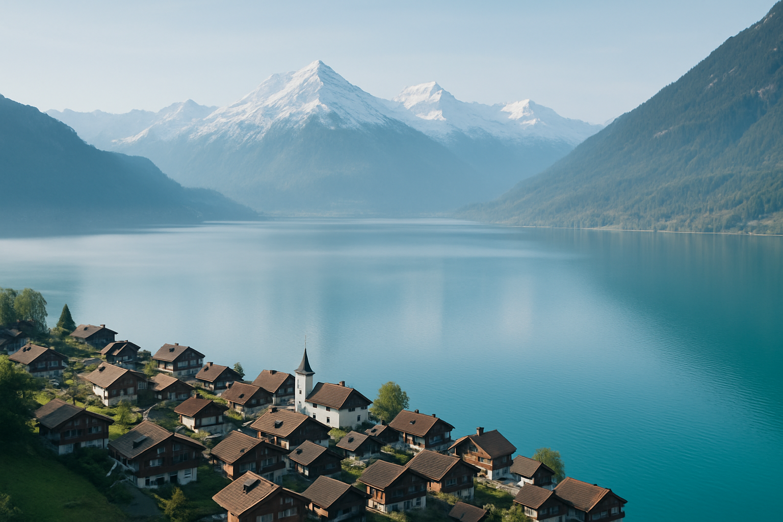 Serene Alpine lake town with turquoise water surrounded by snow-capped peaks on a clear morning