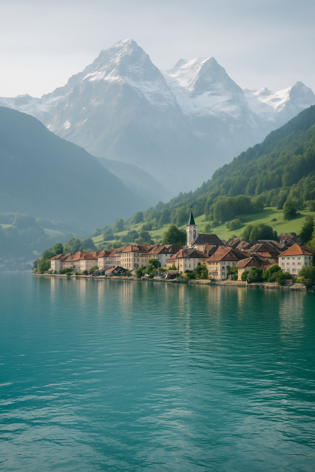 Panoramic Alpine lake town nestled between snow-capped peaks with clear turquoise water