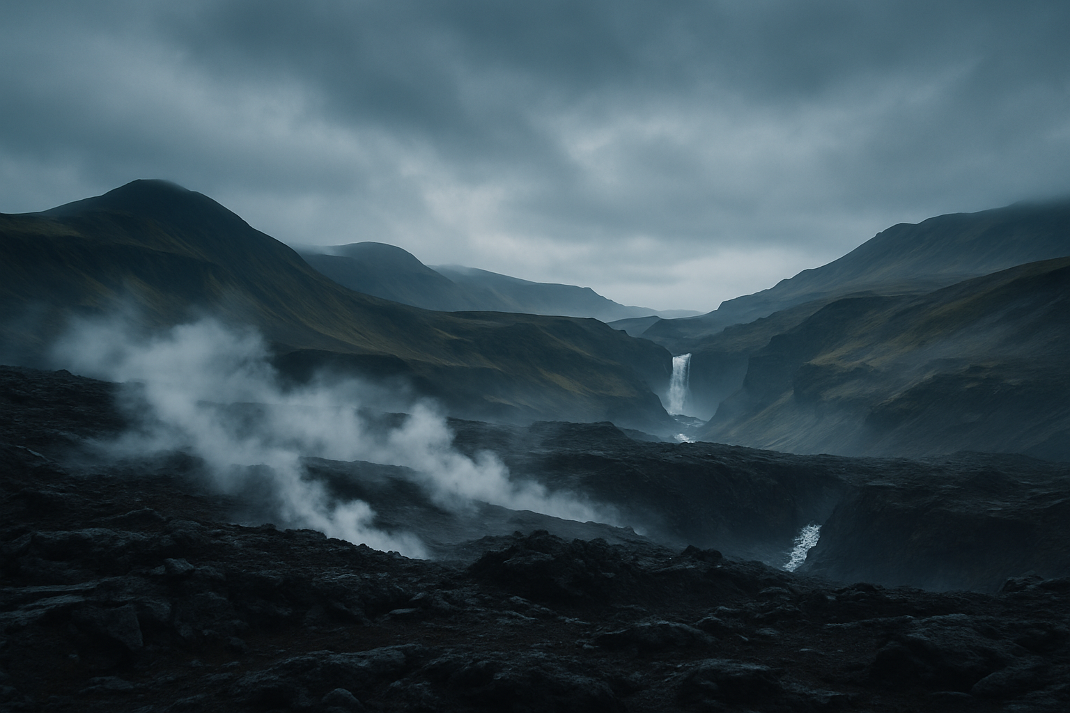 Dramatic Icelandic volcanic landscape with steam rising from geothermal vents under moody overcast skies