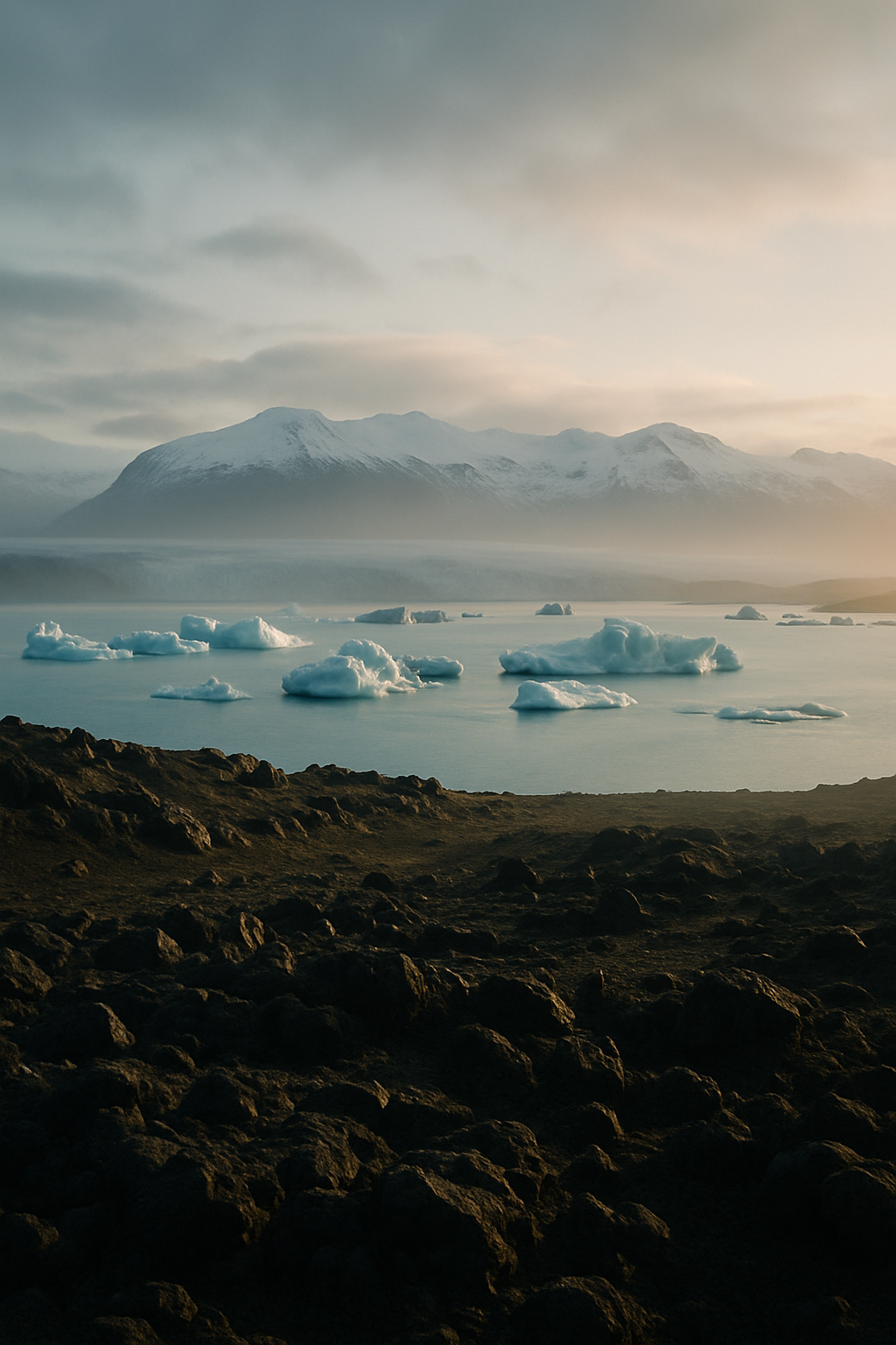 Dramatic Icelandic landscape with lava fields and glacier lagoon under soft arctic light