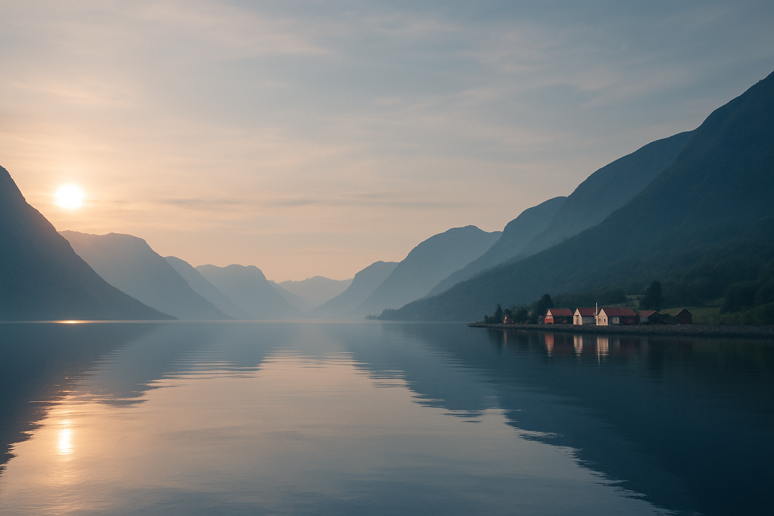 Panoramic view of a calm Norwegian fjord under golden midnight sun light with distant mountains