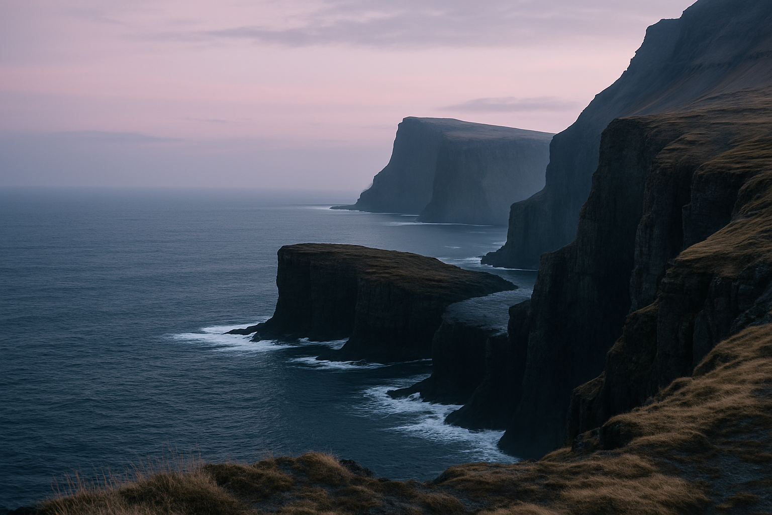 Rugged Arctic coastline at dusk with layered cliffs meeting deep blue ocean under pastel twilight sky