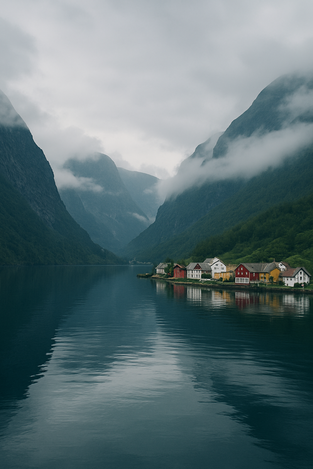 Serene Norwegian fjord surrounded by misty mountains and a quiet coastal village